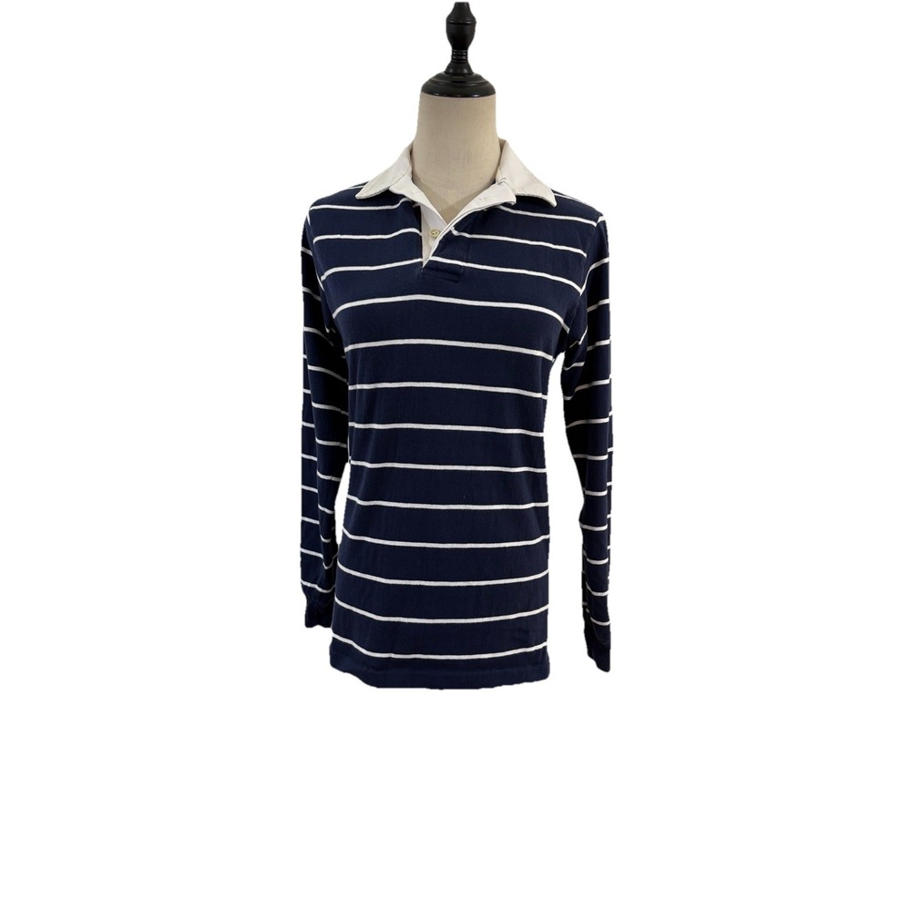 Vtg 80s Women's Rugby Long Sleeve Shirt Sz M Blue White Strip Preppy Sporty Polo